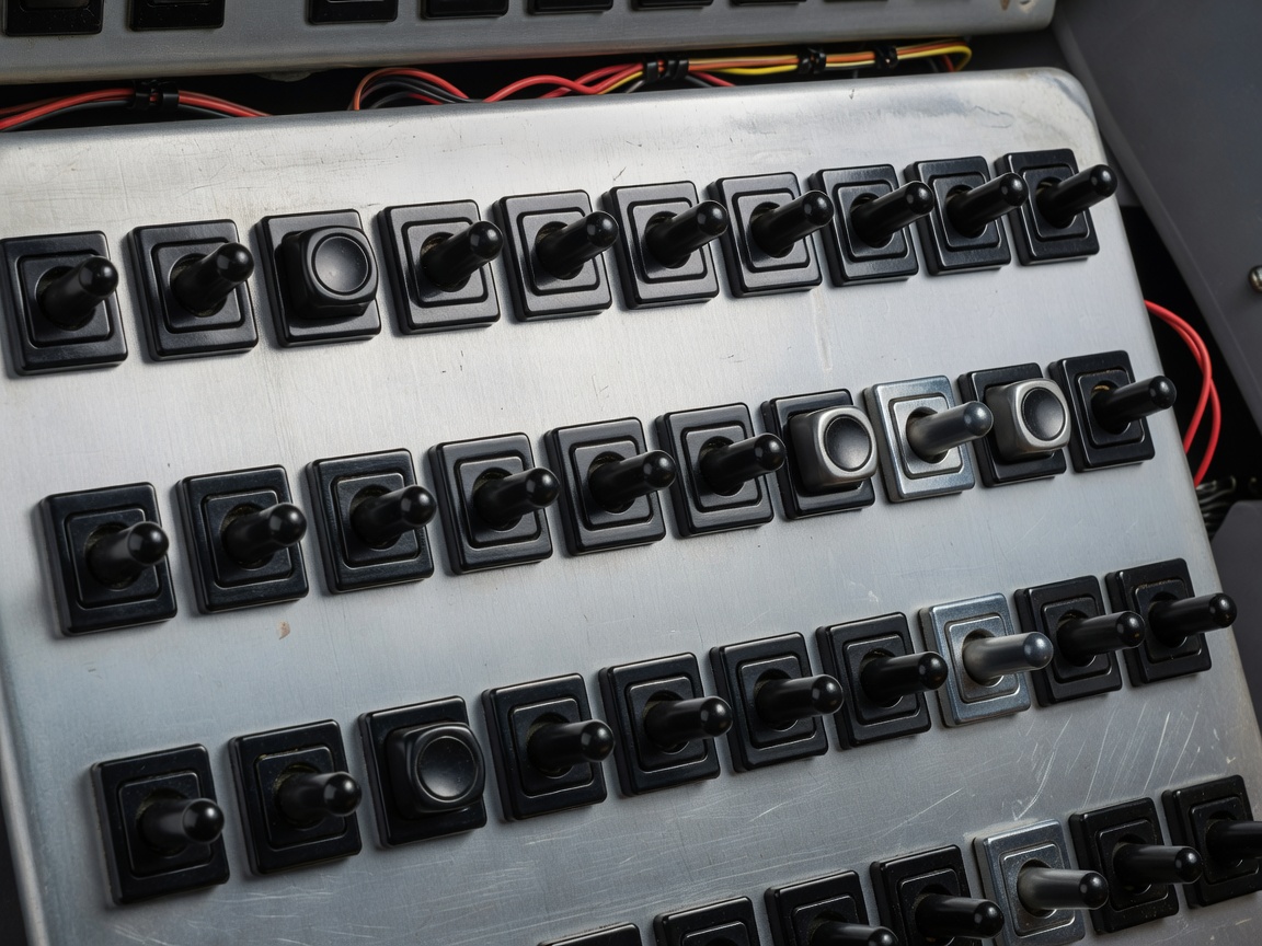 Detail of an aircraft panel with electrical system switches and labels