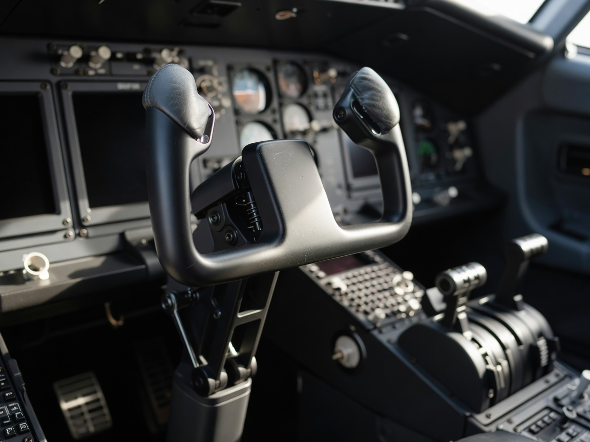 Close-up of an airplane cockpit control column and its handgrip