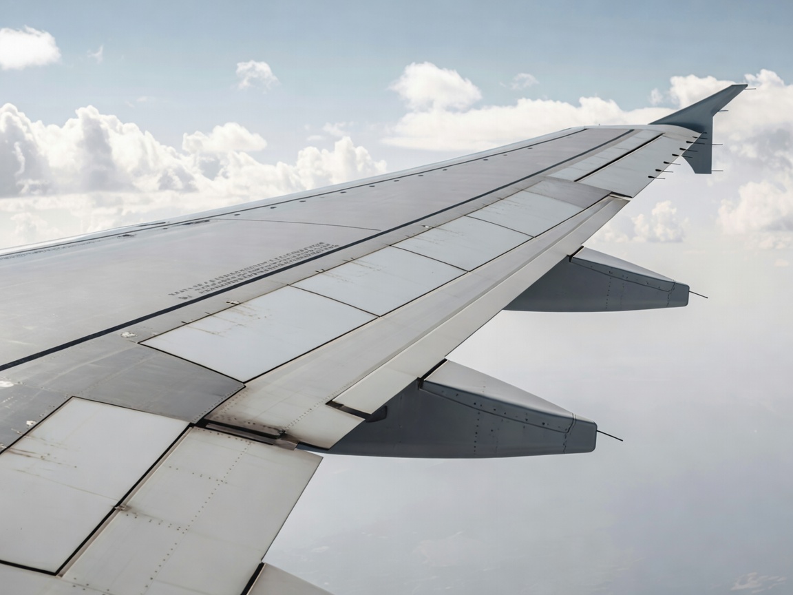 Close view along an airplane wing’s trailing edge showing separate flap and aileron sections