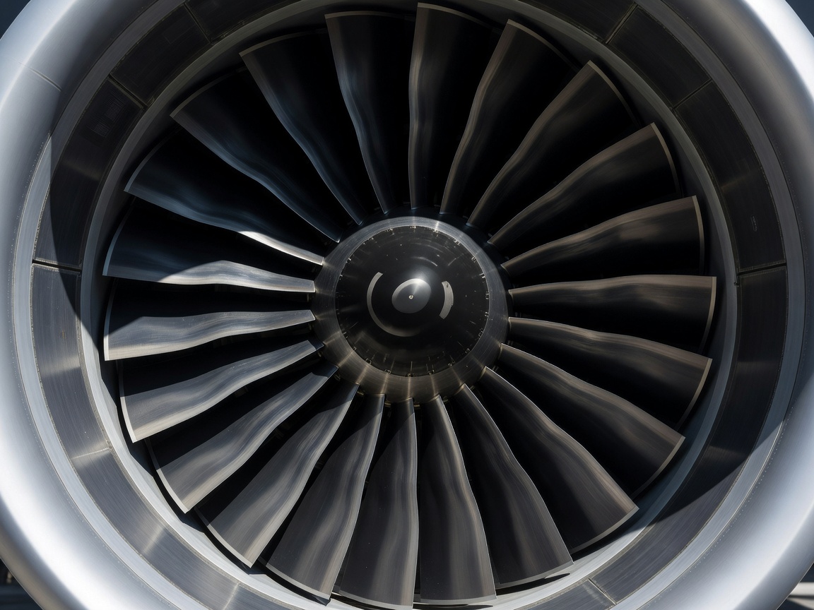 Close-up of a turbofan’s central hub and the surrounding fan blades inside the inlet