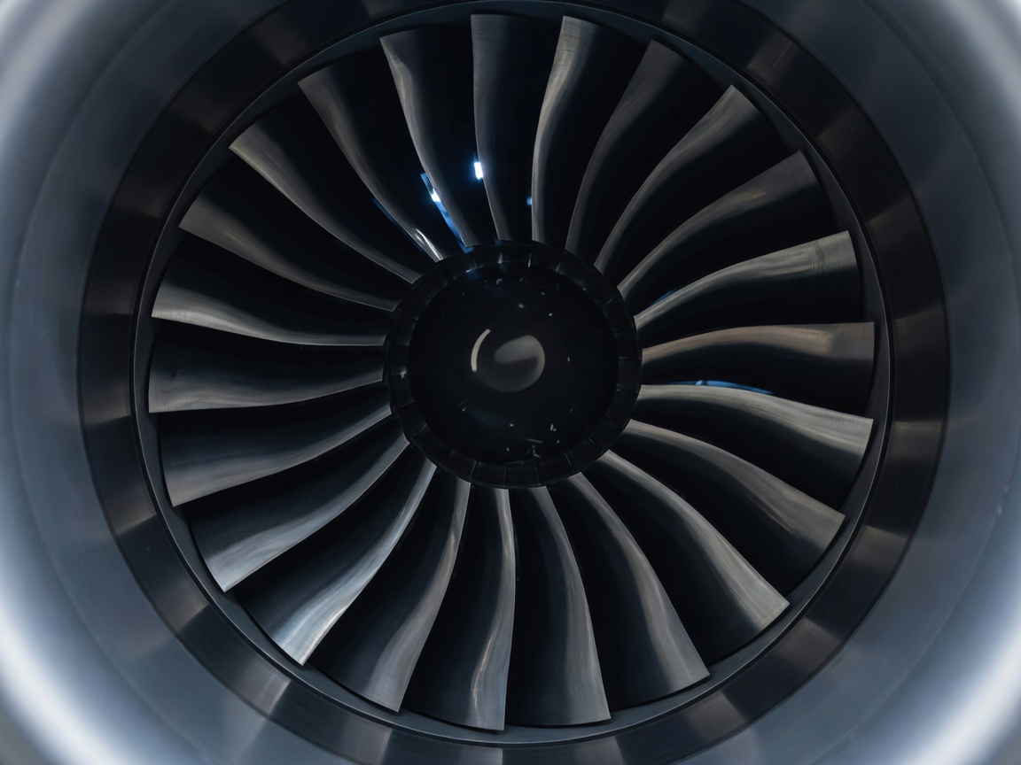 Curved fan blades viewed closely inside a turbofan engine inlet